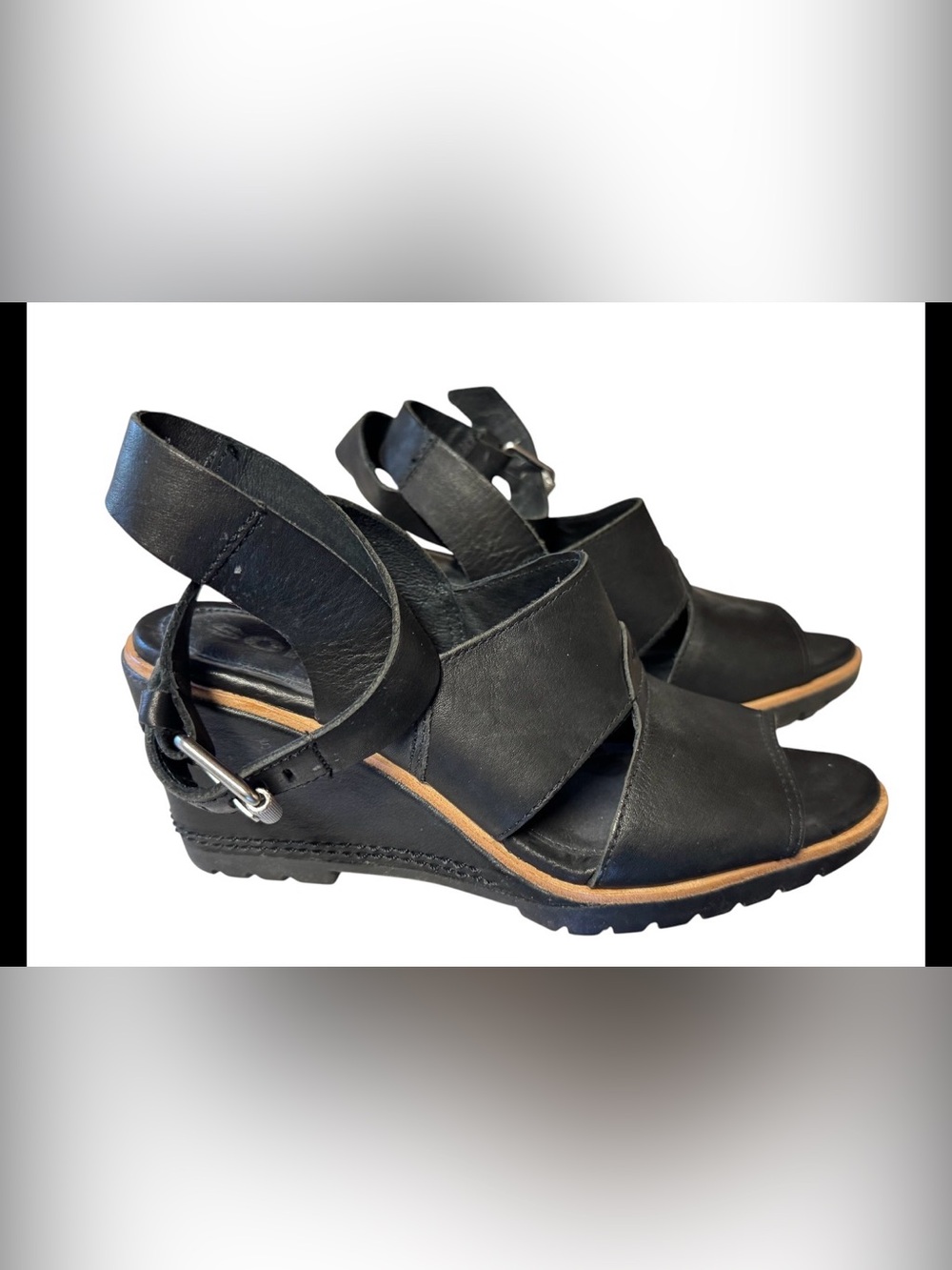 Like new! Sorel Ankle Strap Sandal Womens 8 Black After Hours Wedge Heel Leather